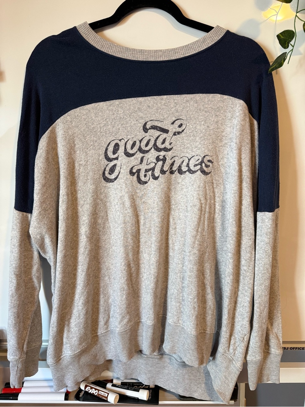 aerie Heather Gray and Navy 'Good Times' Crewneck Sweater